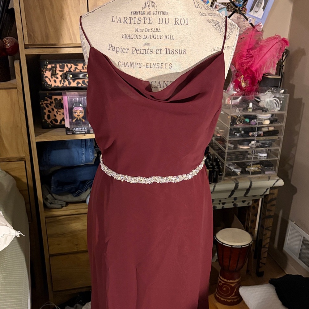 Christina Wu Burgundy Cowl Neck Maxi with Rhinestone Waist